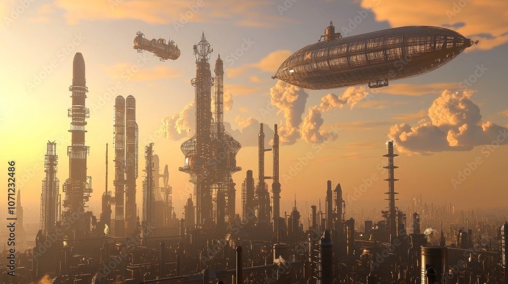 Sunset in Steampunk Cityscape - A Captivating 3D Render of Victorian Industrial Urban Landscape with Airships and Smokestacks Sunset in Steampunk Cityscape - A Captivating 3D Render of Victorian Industrial Urban Landscape with Airships and Smokestacks