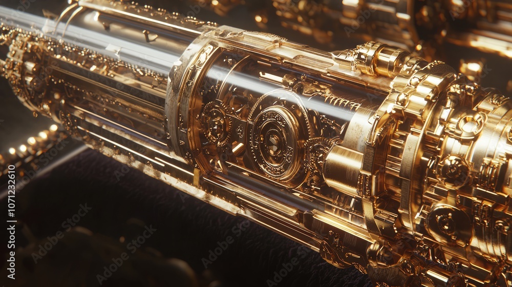 Naklejka premium Retro-Futuristic Steampunk Weapon Displayed on Velvet - 3D Render Artwork