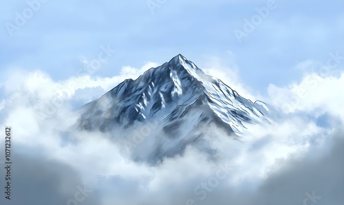 Dark snowy mountain peak rising through translucent straight clouds shrouded in mist