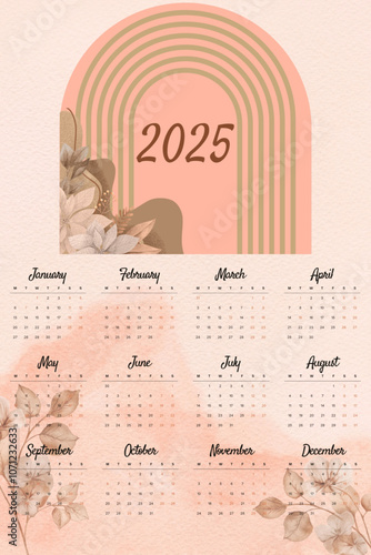 Printable 2025 calendar design template with aesthetic boho, wall calendar design, poster calendar design. Ideal for journal, background and more. Happy New Year 2025.