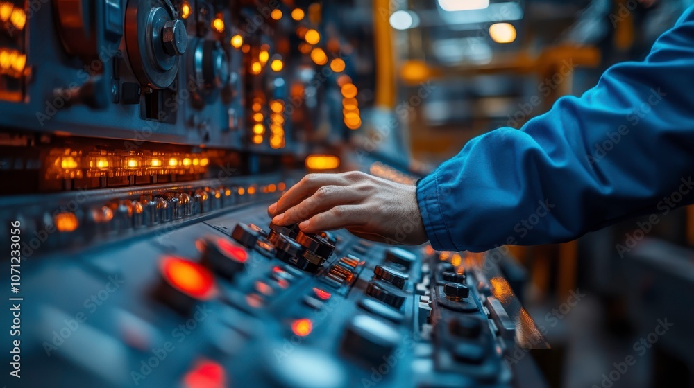 Operating Console in Dim Industrial Room with Cool Lighting Operating Console in Dim Industrial Room with Cool Lighting