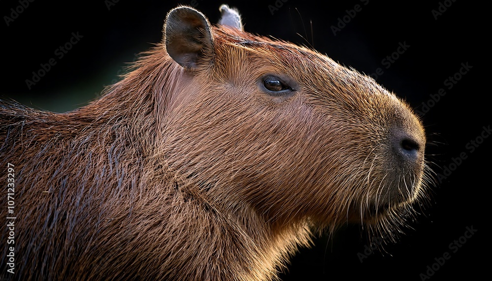 A capybara, a large, brown rodent, is shown in profile walking against a black background A capybara, a large, brown rodent, is shown in profile walking against a black background