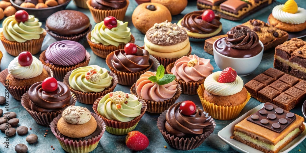 Assortment of confectionery and desserts including cupcakes, cookies, and chocolates, sweets, treats, confections, bakery Assortment of confectionery and desserts including cupcakes, cookies, and chocolates, sweets, treats, confections, bakery
