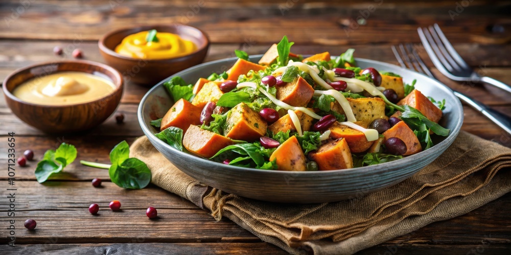 Baked sweet potato salad bowl with mustard dressing on a wooden table, vegan, food, healthy, delicious, fresh, plant-based Baked sweet potato salad bowl with mustard dressing on a wooden table, vegan, food, healthy, delicious, fresh, plant-based