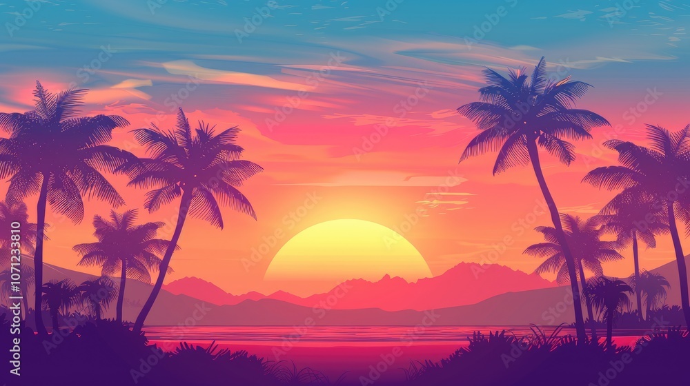 Silhouette of palm trees and mountains against a vibrant sunset sky. Silhouette of palm trees and mountains against a vibrant sunset sky.