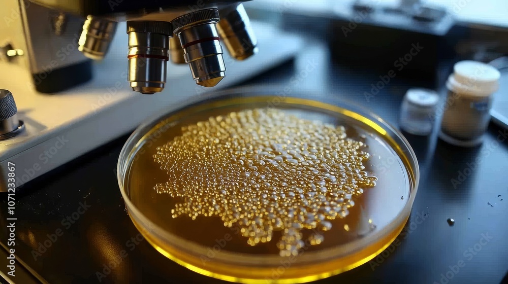 Petri dish with bacterial culture, hypothesis testing scene, microscope in view Petri dish with bacterial culture, hypothesis testing scene, microscope in view