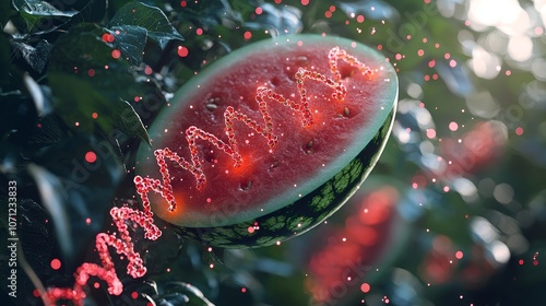 Glowing DNA inside watermelon, visual of genetic engineering