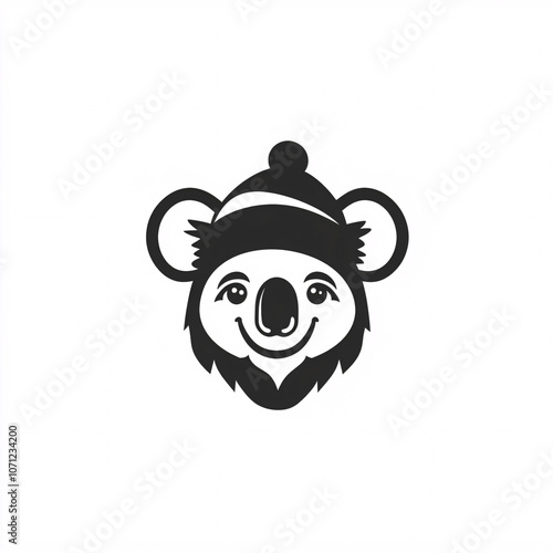 Cute black and white illustration of a koala wearing a beanie, showcasing a friendly expression and playful charm. photo