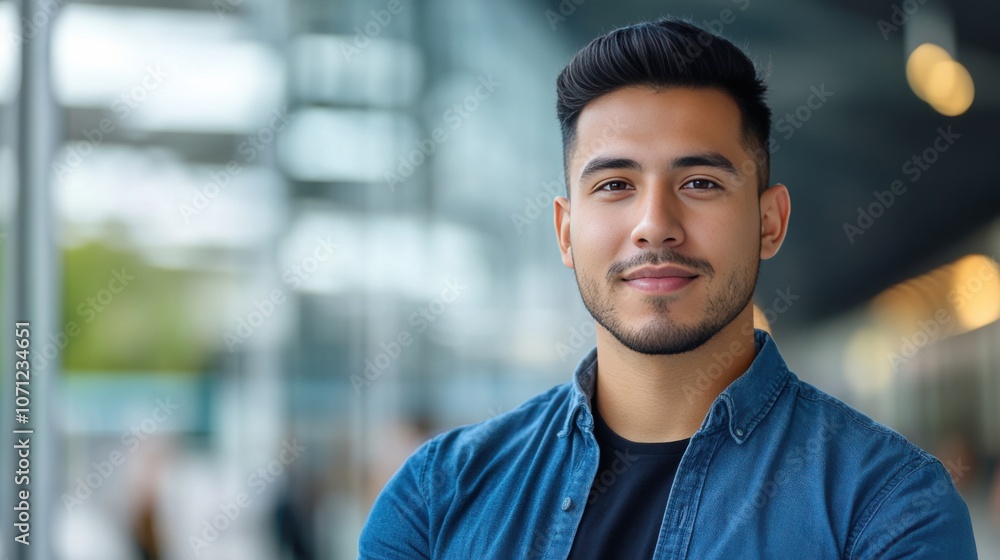 Obraz premium Confident Young Man Smiling in Modern Urban Environment