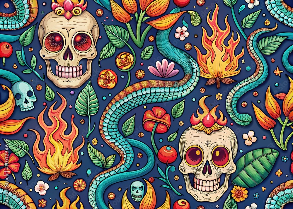 Cute Skull Snake Seamless Pattern Print Design, Hand Drawn, Colorful Cute Skull Snake Seamless Pattern Print Design, Hand Drawn, Colorful
