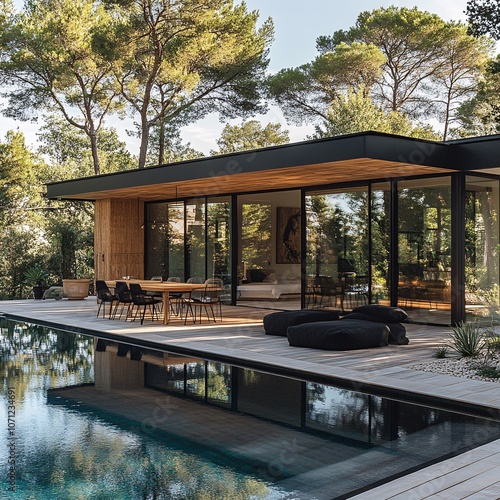 Projet de construction d'une véranda ou pergola bioclimatique pour une maison d'habiation moderne blanche
