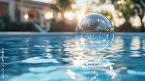 A crystal clear glass sphere floats on the surface of a shimmering blue pool, reflecting the surrounding landscape.