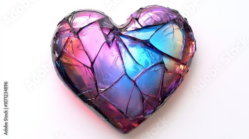 A broken glass heart with neon light reflecting off the cracks, symbolizing fragile love.