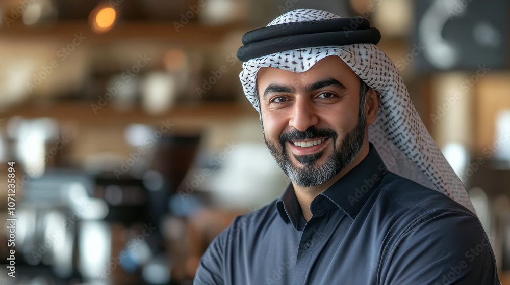 Confident Arab Man Smiling in a Modern Cafe Setting Confident Arab Man Smiling in a Modern Cafe Setting