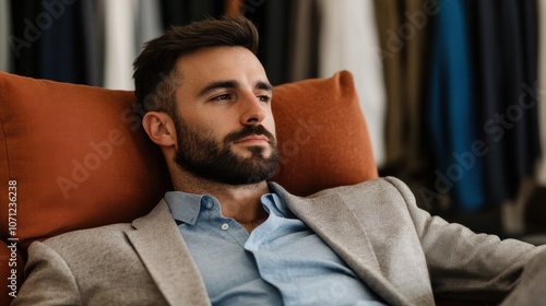 Relaxed Man with Beard Sitting on Orange Armchair Indoors