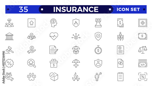 Insurance Outline icons set. Life, medical, car, travel, house, healthcare, money and social insurance, education, insurance, law, government  thin line icon pack. Outline icons collection.