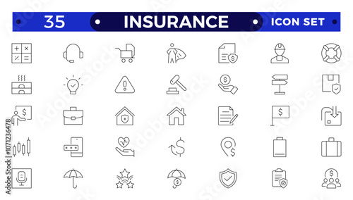 Insurance Outline icons set. Life, medical, car, travel, house, healthcare, money and social insurance, education, insurance, law, government  thin line icon pack. Outline icons collection.