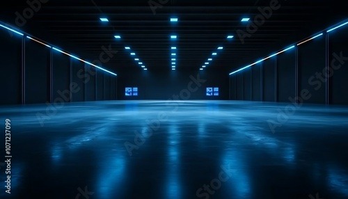 A spacious, modern interior with a reflective floor and blue LED lighting, creating a futuristic atmosphere.