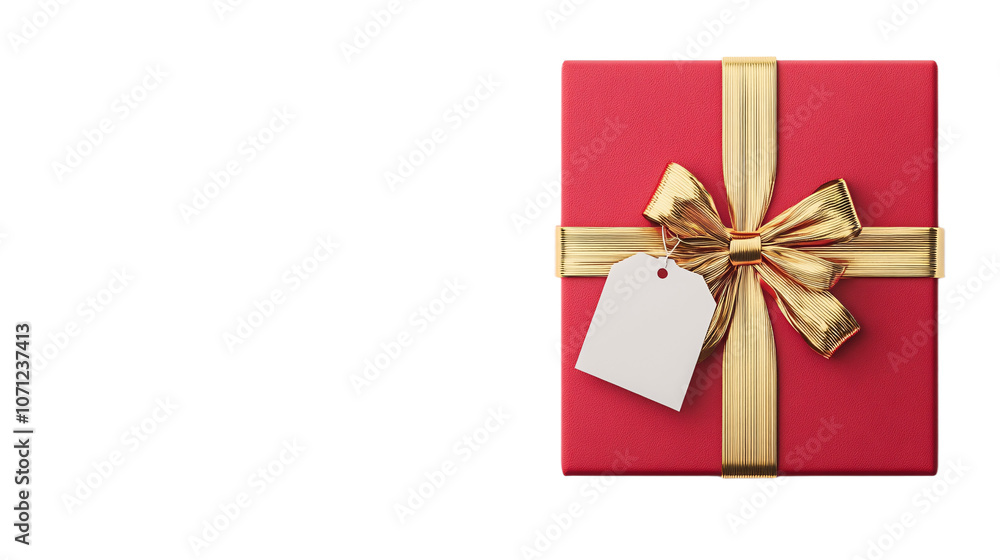 Vibrant red gift box with gold bow and tag Vibrant red gift box with gold bow and tag