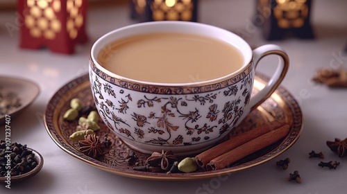 Aromatic Masala Chai in Elegant Floral Cup with Spices Cinnamon, Cardamom, and Star Anise on Copper Tray - Cozy Lantern Ambiance and Exotic Indian Tea Experience photo