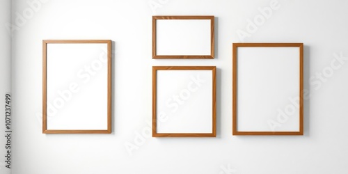 A collection of stylish wooden frames mockups hanging on a white wall, modern, white wall