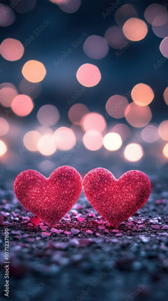 Fototapeta premium Two sparkling red hearts on blurred background with bokeh lights, symbolizing love and romance. Perfect for Valentine Day or romantic occasions