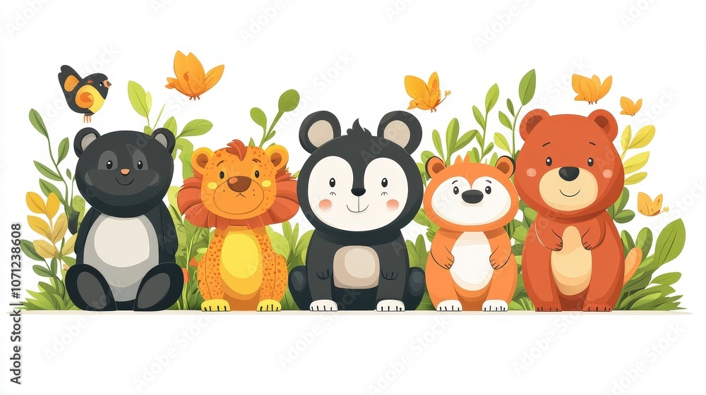 Naklejka premium Cartoon Animals in Action Surrounded by Nature