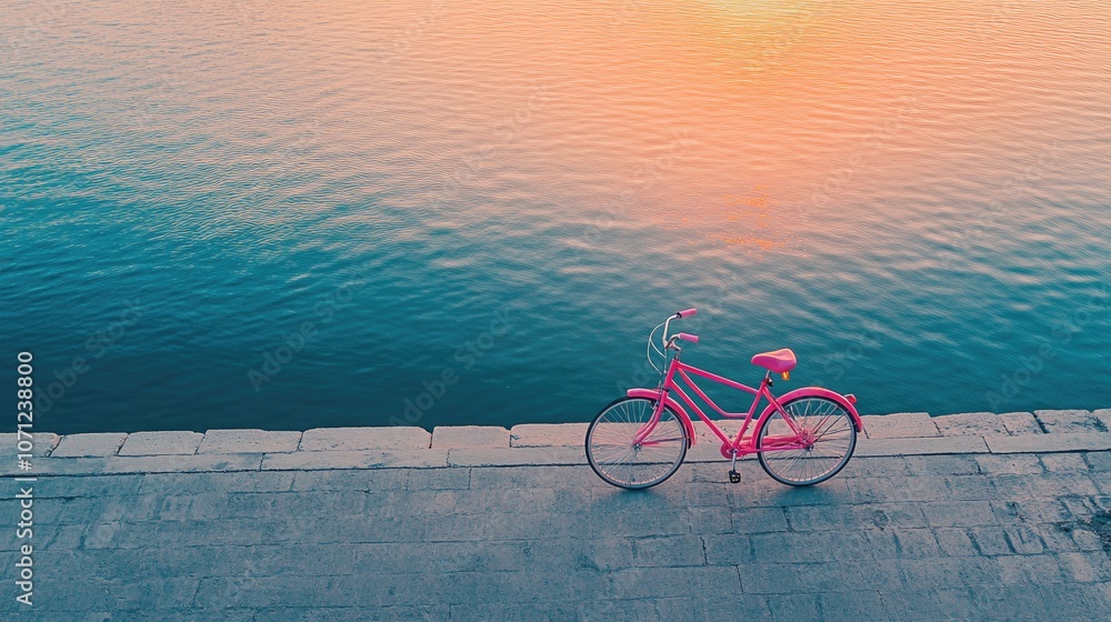 Fototapeta premium Pink Bicycle by Calm Water at Sunset