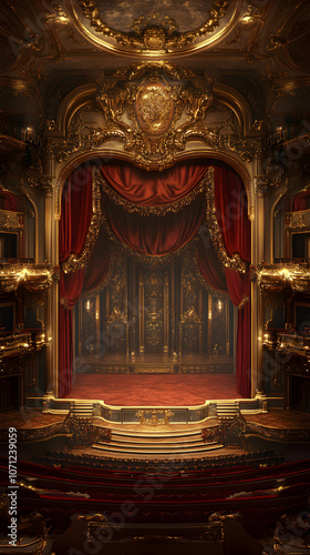 Lavish Theater Interior with Grand Stage Set for Majestic Performance and Anticipative Audience photo