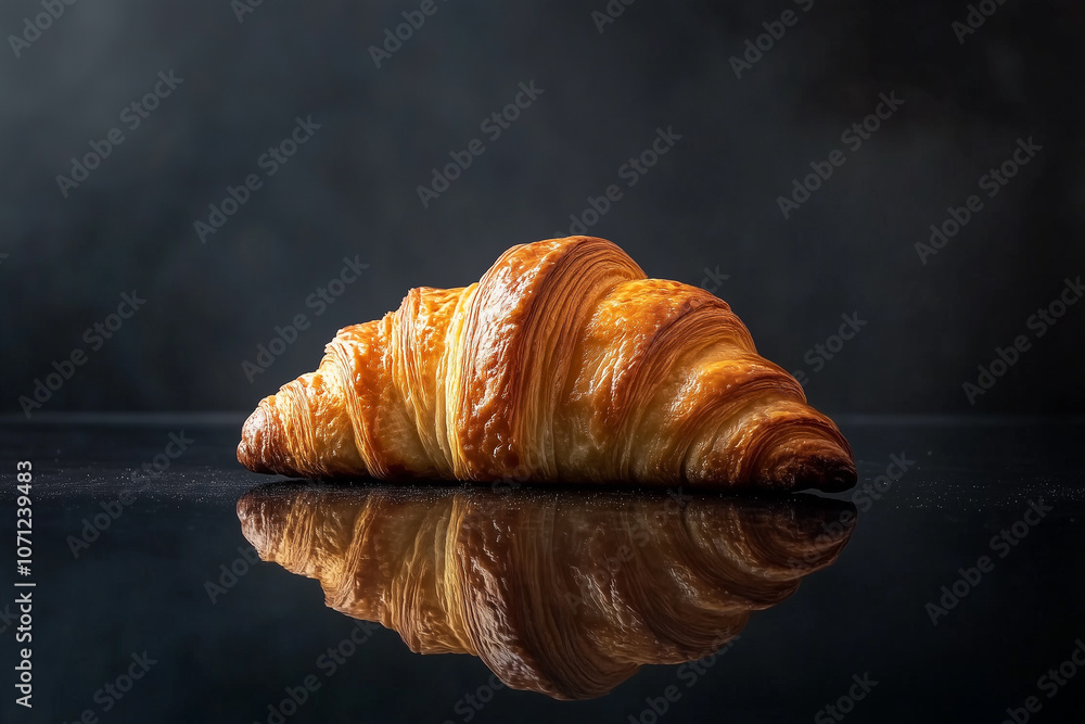 Golden brown croissant on black reflective surface Golden brown croissant on black reflective surface
