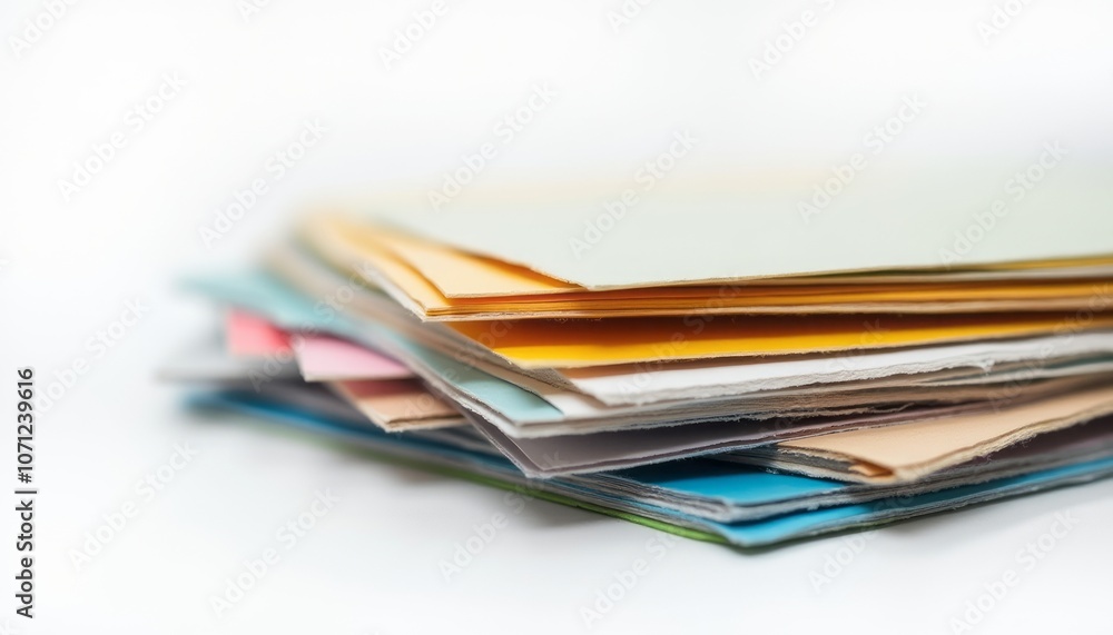 A neatly arranged stack of various colored envelopes sits on a white surface, representing communication, letters, and mailing. A neatly arranged stack of various colored envelopes sits on a white surface, representing communication, letters, and mailing.