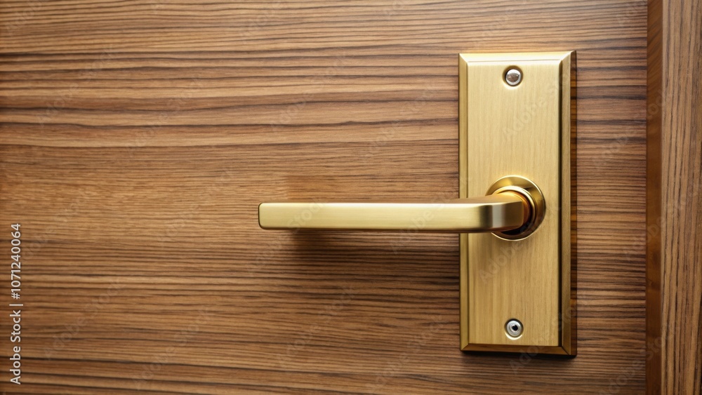 Obraz premium Brass door handle and latch on veneer door , brass, door handle, latch, veneer, wooden, entrance, elegant, home decor