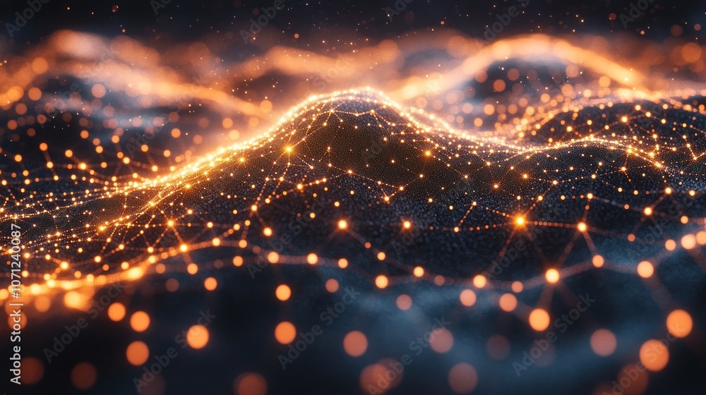 Naklejka premium Abstract glowing digital landscape with a network of connected dots.