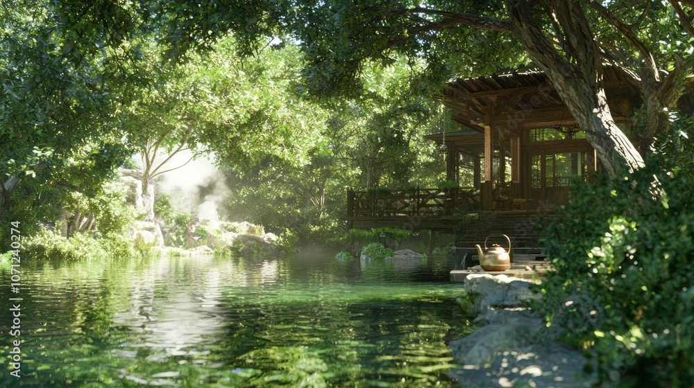 Steampunk Lakeside Cabin Retreat - Ultra-Detailed 3D Render Digital Artwork