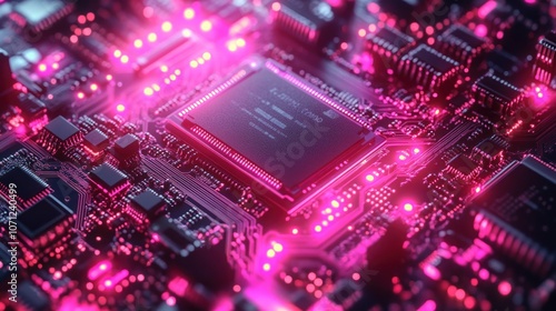 A close-up of a glowing pink circuit board with a central processing unit (CPU) at the center.