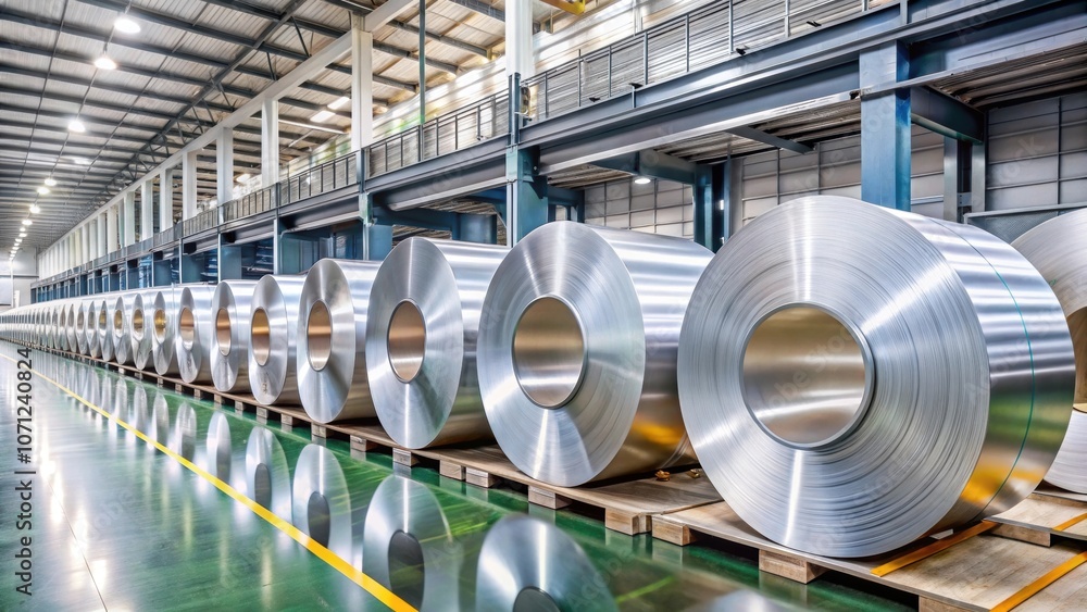 Row of aluminum rolls in production shop of plant, aluminum, rolls, production, shop, factory, industry, manufacturing Row of aluminum rolls in production shop of plant, aluminum, rolls, production, shop, factory, industry, manufacturing