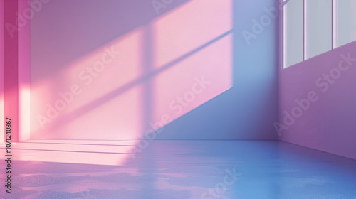 Soft sunlight streams through a window, casting a warm glow on the pale pink walls and floor of this empty room.