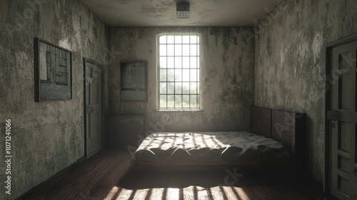 An abandoned bedroom with a bed, two doors, and a window with barred panes. The walls are covered in dirt and mold. The light coming through the window casts a shadow on the wooden floor.