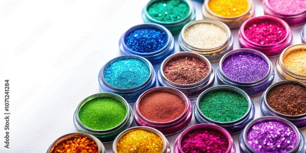 Cosmetics glitter and makeup shadows in vibrant colors on a white background, cosmetics, glitter, makeup, shadows Cosmetics glitter and makeup shadows in vibrant colors on a white background, cosmetics, glitter, makeup, shadows