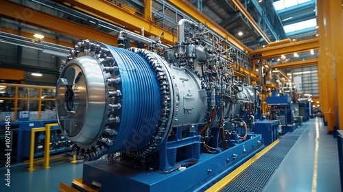 A large industrial engine sits on a platform in a factory setting.