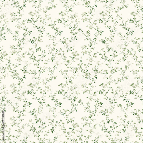 Delicate floral pattern with green leaves on cream background for textile and wallpaper design - seamless pattern