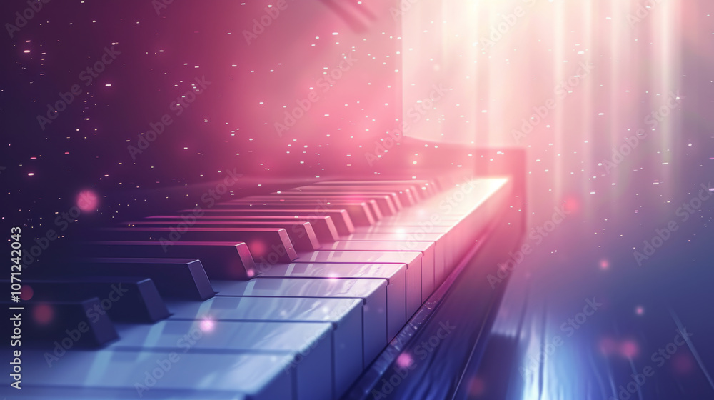 Close-up of piano keys with a soft, dreamy light effect. The white and black keys shimmer with pink and blue hues, creating a magical atmosphere. Close-up of piano keys with a soft, dreamy light effect. The white and black keys shimmer with pink and blue hues, creating a magical atmosphere.