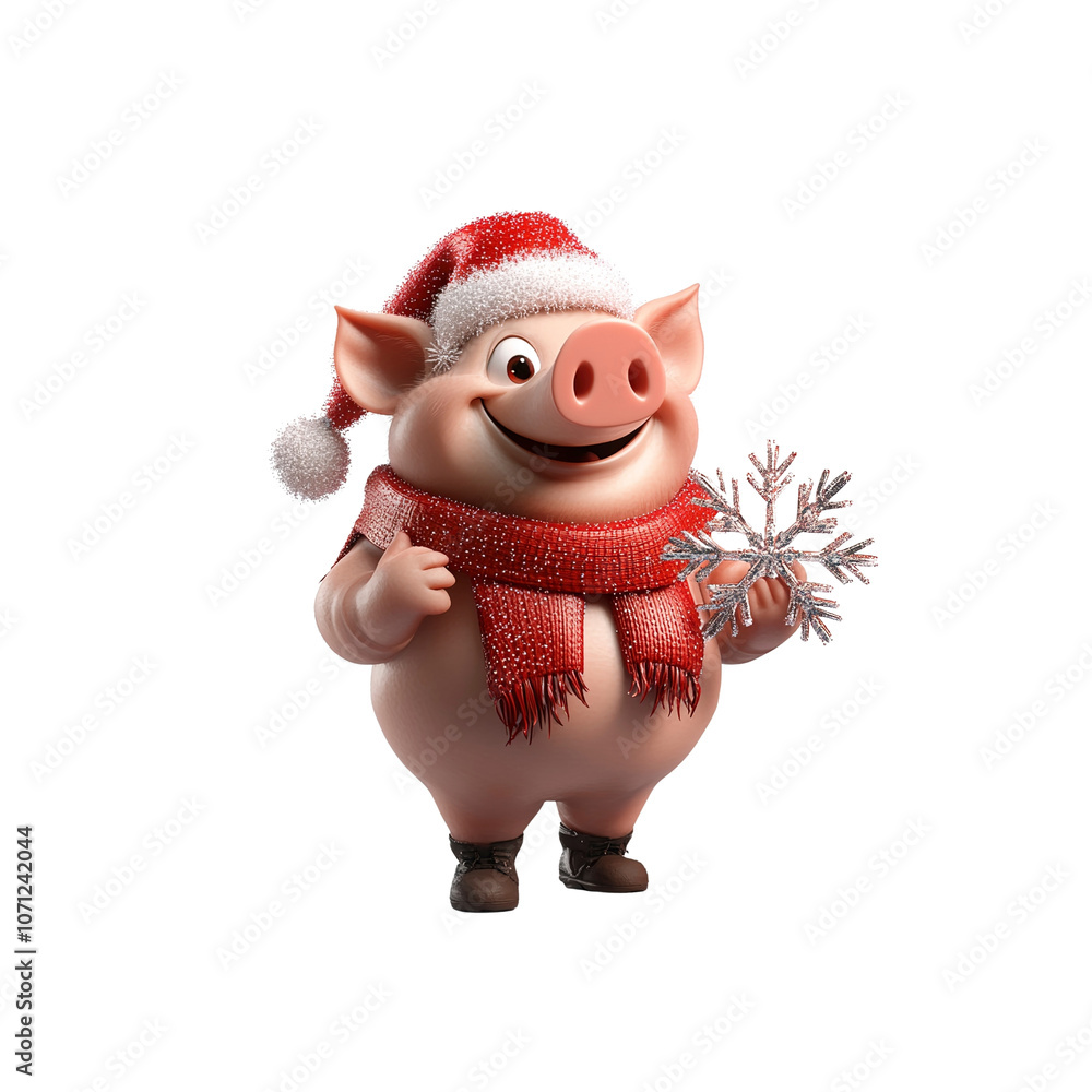 Smiling Christmas Pig Holding Snowflake Smiling Christmas Pig Holding Snowflake