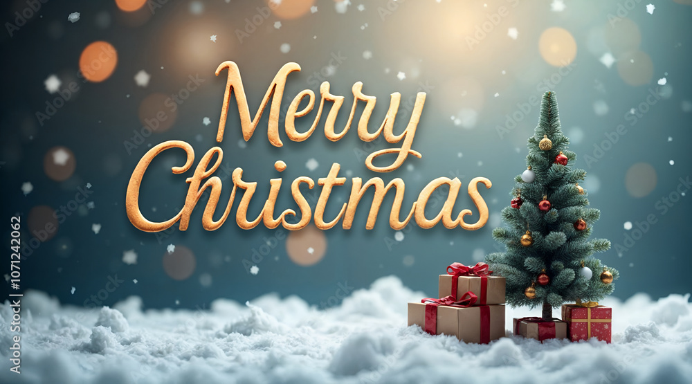 Magical Christmas Greeting with Snow, Gift Boxes, and Decorated Tree Magical Christmas Greeting with Snow, Gift Boxes, and Decorated Tree
