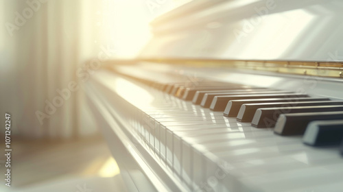 A close-up shot of a white piano keyboard with sunlight streaming in from a window. The black and white keys are illuminated, inviting a musician to play.
