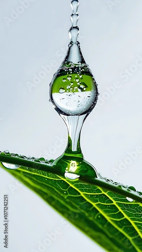 A macro photograph capturing the delicate beauty of a single water droplet suspended from a leaf. The droplet, perfectly formed and glistening.
