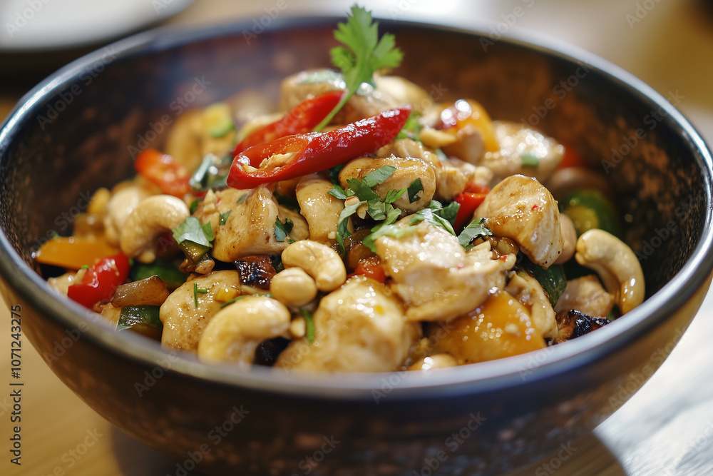 Stir fried chicken with cashew nuts vegetables served in a bowl Stir fried chicken with cashew nuts vegetables served in a bowl