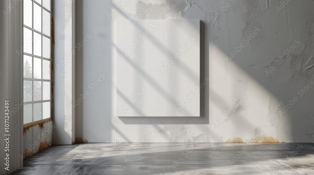 Obraz premium A blank canvas hangs on a white wall, bathed in soft sunlight streaming through a large window. The minimalist space offers a clean backdrop for a creative project, showcasing a sense of openness and 