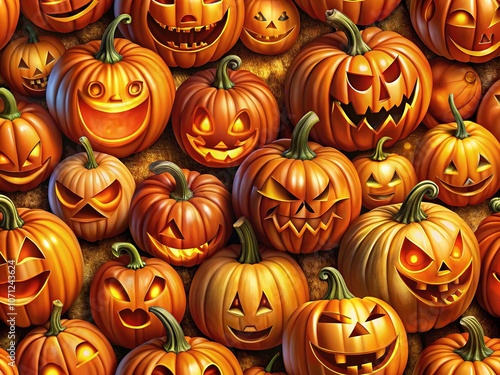 Spooky Jack-o'-Lantern Pumpkins Seamless Pattern AI Art