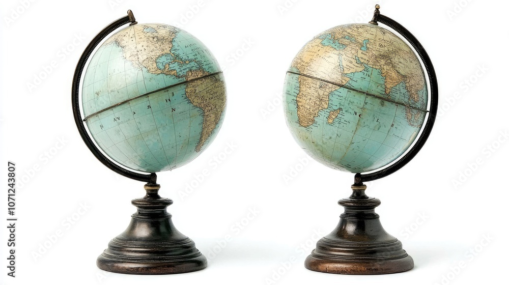 Two antique globes on wooden stands against a white background. Two antique globes on wooden stands against a white background.